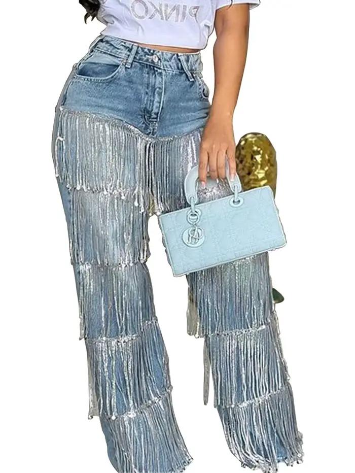 Jean tendance à franges pour femme