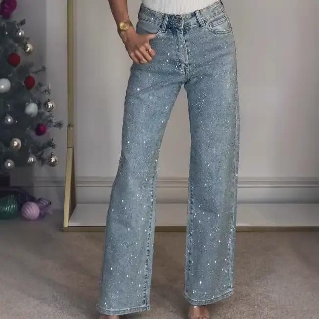Jean droit pour femmes diamants pantalon Stretch taille haute lavé poches en détresse Vintage Denims Streetwear femme