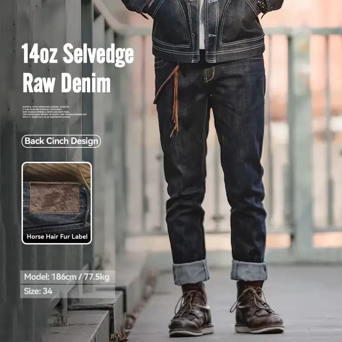 Jeans Maden Vintage 14oz Denim Brut Crin de Cheval Patch Cuir Coupe Droite Hommes Printemps Automne Occasions Spéciales