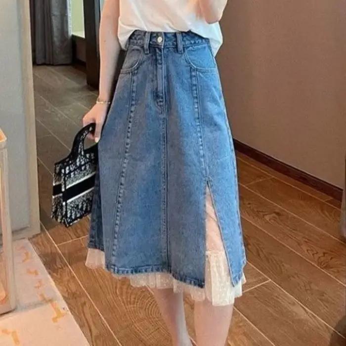 Femme jupe en jean dentelle Patchwork taille haute épissage