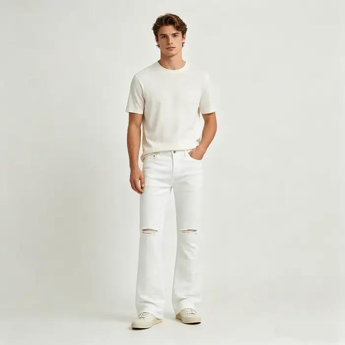 Jeans évasés Urban Street en coton et élasthanne, blanc, noir, coupe cintrée, style high street pour hommes, quatre saisons, lavage en détresse