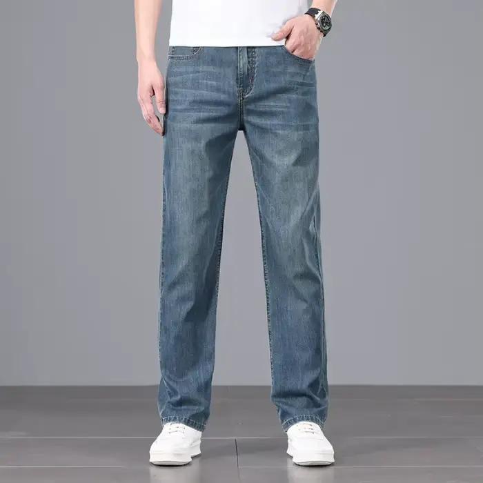 Jean d'été pour homme coupe droite taille haute ample en denim fin bleu style classique 2026