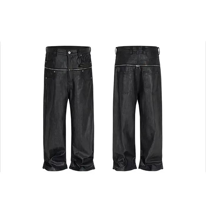 Vitnage Hip Hop fermeture éclair cire enduit jean Original pour hommes droit Ropa Hombre noir Denim pantalon Streetwear
