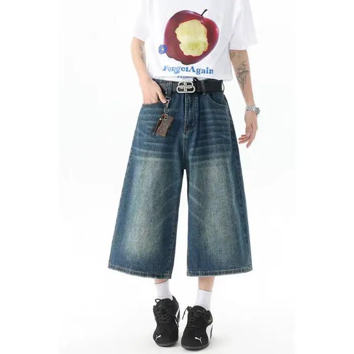 Jean court taille haute à jambes larges pour hommes