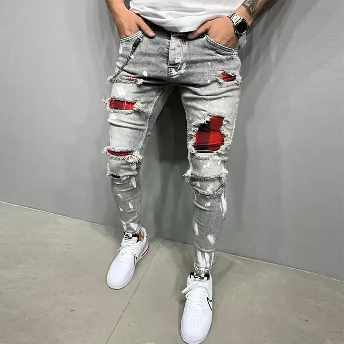 Nouveaux hommes maigre déchiré jean mode grille mendiant patchs coupe ajustée Stretch décontracté Denim crayon pantalon