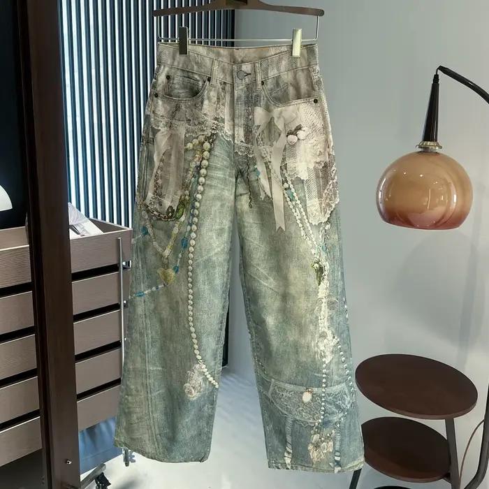 25SS dentelle perle chaîne trompe l'oeil 3D imprimé 1981 jambe droite jean pour hommes et femmes ropa hombre