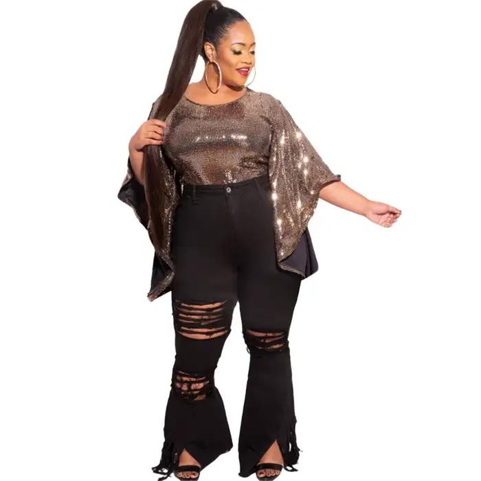 Jeans Wmstar en denim pour femmes de grande taille, style streetwear, coupe évasée, poches solides, couleur bleu foncé, bleu glace, trans-vert, occasionnellement déchiré, printemps/été