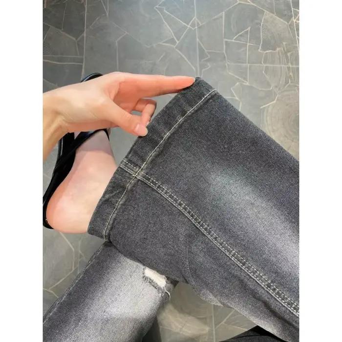 Jean évasé déchiré extensible pour femme, coupe slim, décontracté, printemps été, polyester, bouton volant, entretien facile, occasions variées