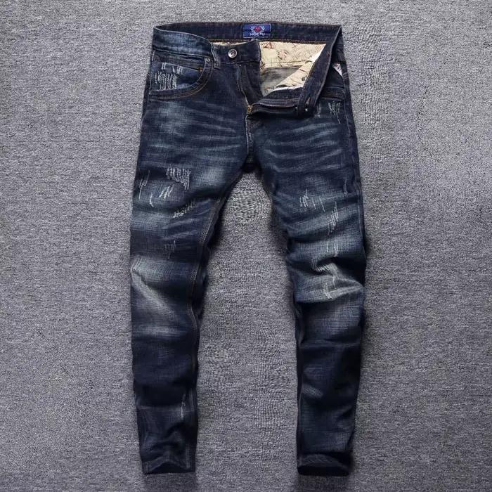 Style italien mode hommes jean rétro bleu foncé élastique coupe ajustée déchiré