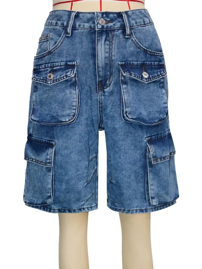 Shorts femmes genou longueur Cargo jean plusieurs poches taille haute lavé en détresse Streetwear 2025 été Denims pantalons courts