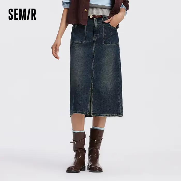 Jupe longue droite en jean fendue pour femme Semir