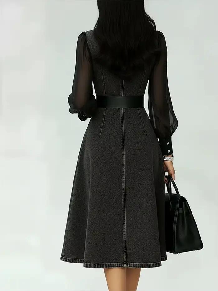 Robe longue en jean streetwear pour femme, coupe trapèze, manches longues en tulle transparent, col en V, style vintage, avec ceinture pour occasions spéciales et tenues quotidiennes