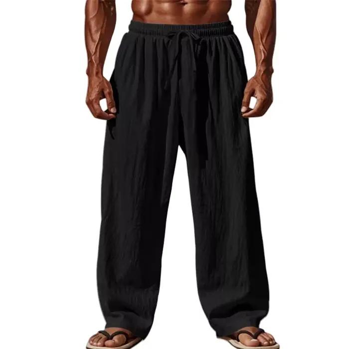 2025 nouveaux hommes coton et lin pantalons décontractés Simple et confortable jambe droite pantalon taille cordon