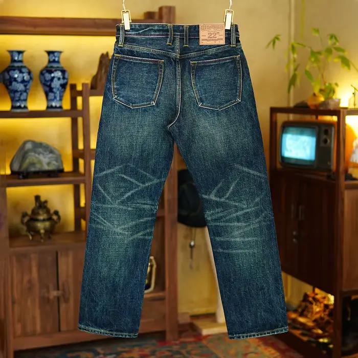 Jean en denim à lisière lourde de 22 oz pour hommes - Jambe droite ample Pur 100% coton Pantalon de style épais décontracté rétro américain 5 km