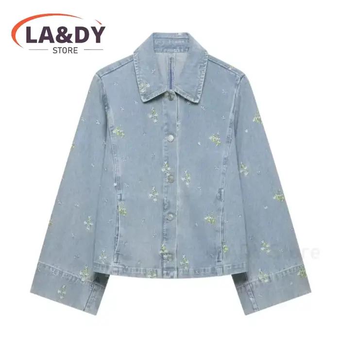 Veste en jean décontractée femme brodée de fleurs col rabattu pour soirées officielles printemps automne