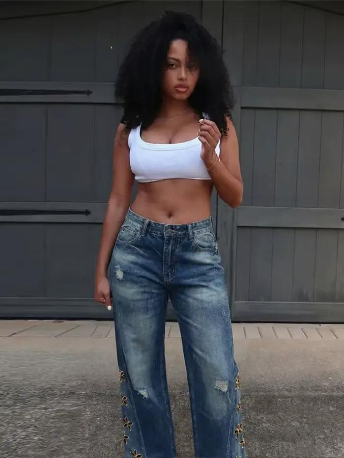 Jean femme taille haute broderie Denim pantalon mode