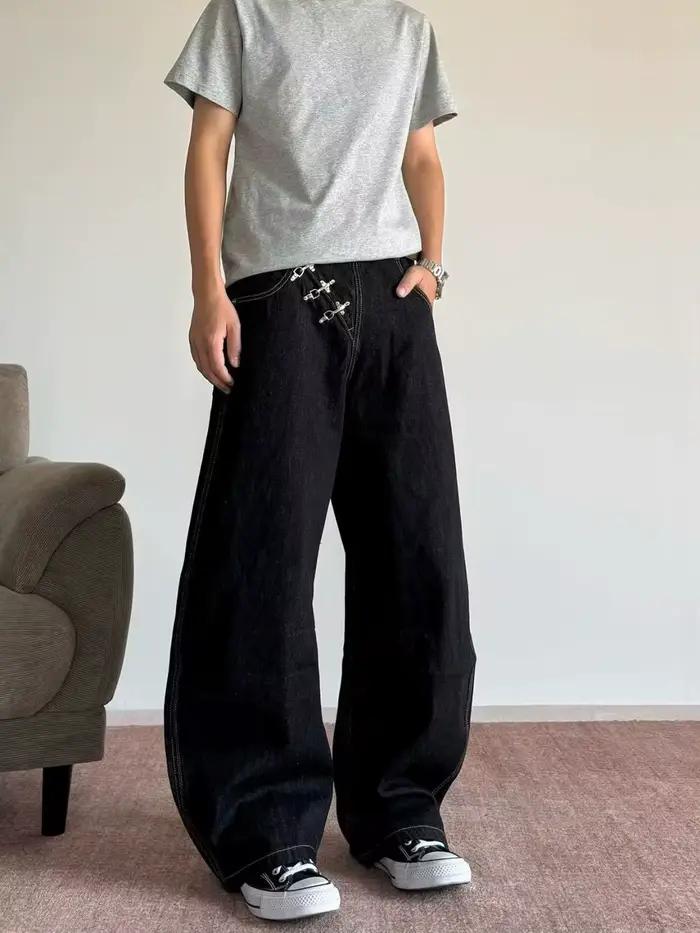 Jean Design avec Boucle en Métal Oblique pour Hommes Pantalon de Rue Printemps Style American Retro Taille Haute Occasions Décontractées