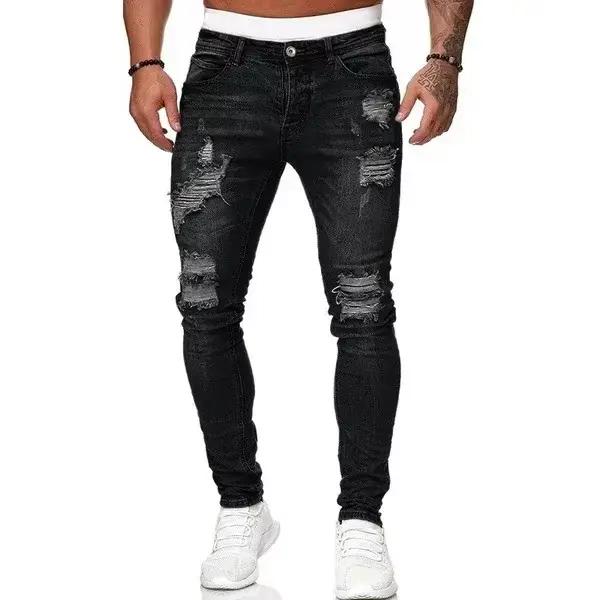 Pantalon en denim homme style punk vintage trou déchiré longueur cheville ajustement mince coupe cintrée