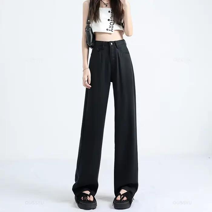 OUSSYU été doux Lyocell tissu femme jean mince ample droit taille haute pantalon mode confort rétro bleu