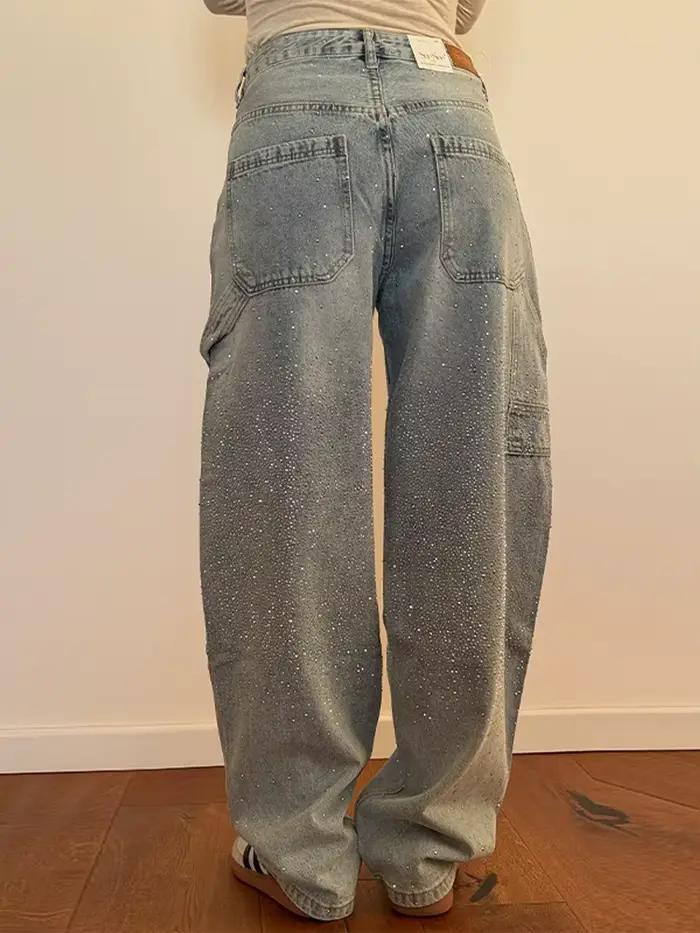 Nouveau femmes brillant luxe tout strass rose Denim jean pantalon taille haute jambe droite