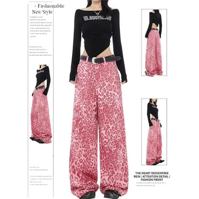 Jean à imprimé léopard rose pour femme