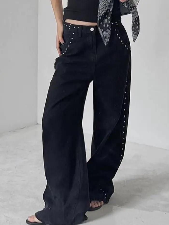 2025 américain rétro Y2K mode Rivet Design Baggy nouveaux pantalons en jean pour femmes vêtements jambe large coréen décontracté dame Denim pantalon
