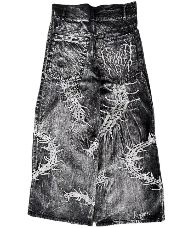 Jeans surdimensionnés à jambes larges homme avec broderie gothique délavé pour style gothique punk rock hip-hop harajuku vêtements de rue couple occasionnels