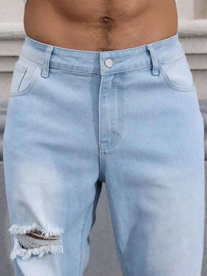 Jean déchiré bleu clair pour homme pour le printemps et l'automne. Pantalon