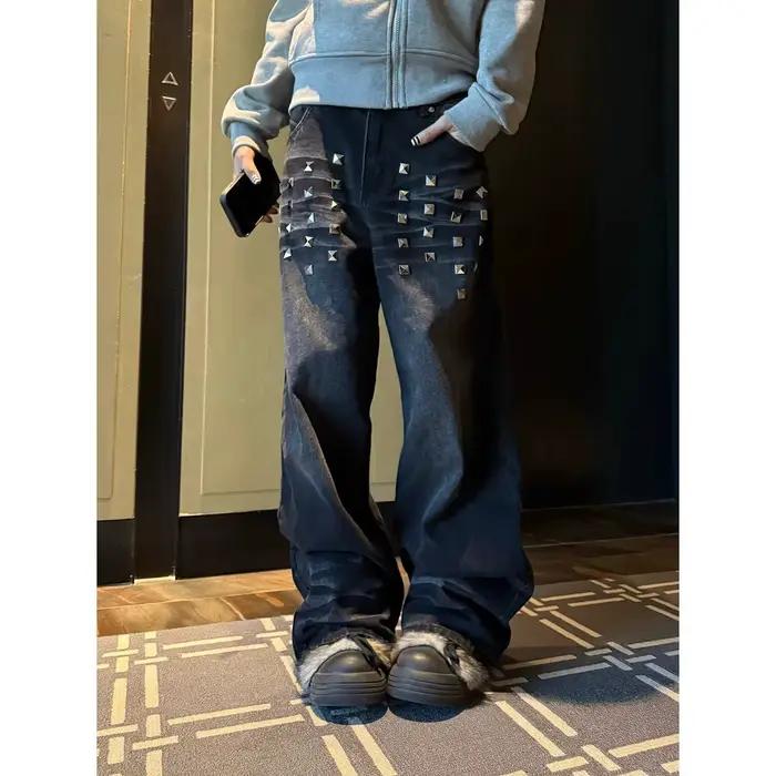 Nouveau Jean Rétro Délavé à Rivets Coupe Large Décontracté Polyvalent Tendance Style Balayant le Sol