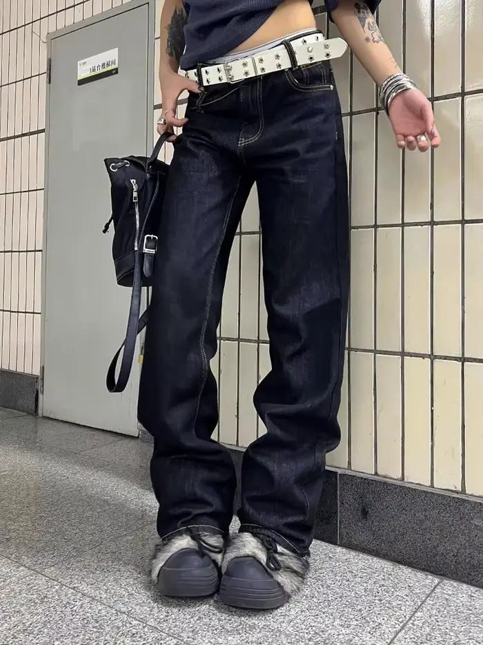 Deeptown Vintage strass femmes jean Y2k Harajuku taille basse Style américain pantalon en Denim droit Baggy Grunge Gyaru rue