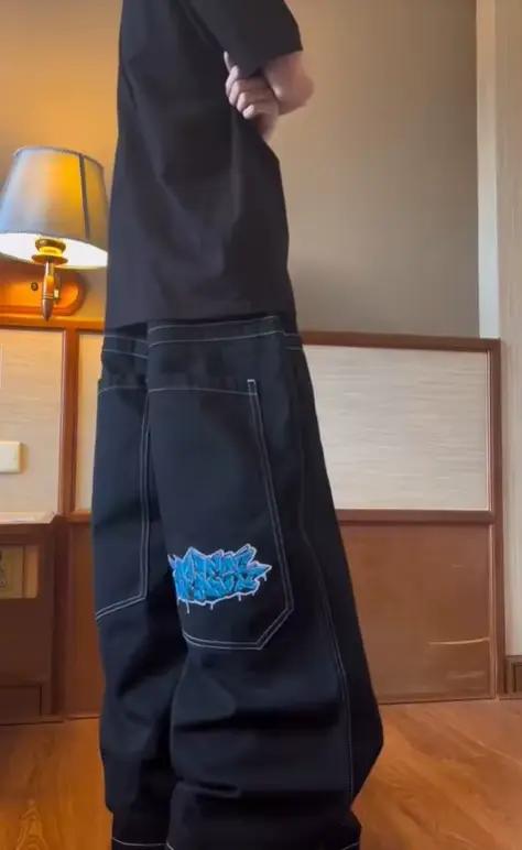 Jeans brodés style streetwear, jeans hip-hop amples à jambes larges