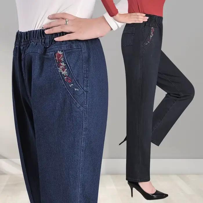 Mère d'âge moyen printemps automne broderie jean noir ample taille élastique Stretch pantalon droit décontracté femmes