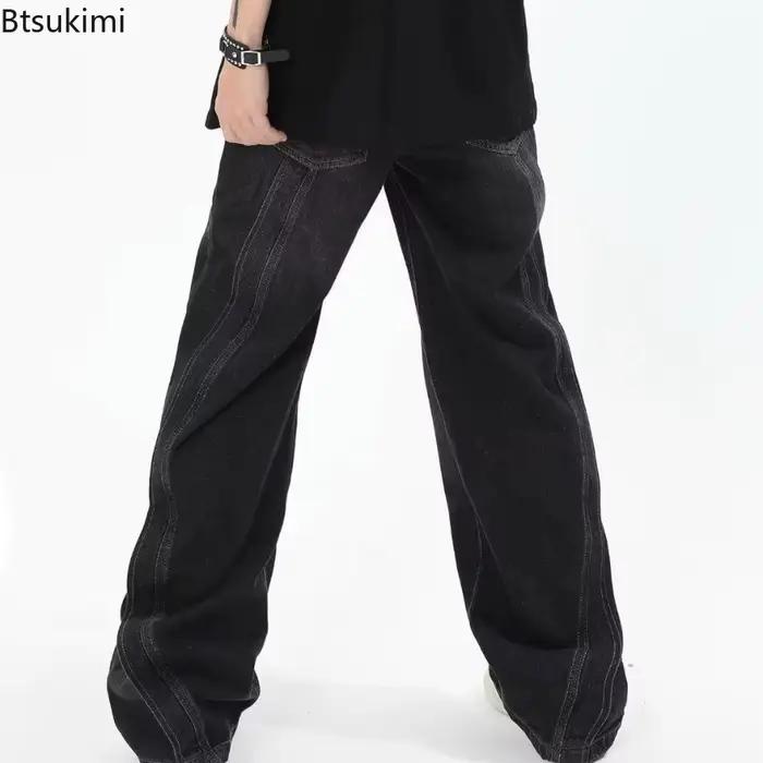Nouveaux hommes jeans jambes larges rétro décontracté délavé bleu noir gris pantalons mode casual homme occasionnels sorties événements sportifs