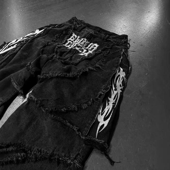 Jeans homme Y2K Vintage Patchwork Broderie Rayures Bordure Fourrure Fermeture Eclair Pantalon Denim Harajuku Unisexe Coupe Ample Streetwear Mode Retro Occasions Quotidiennes