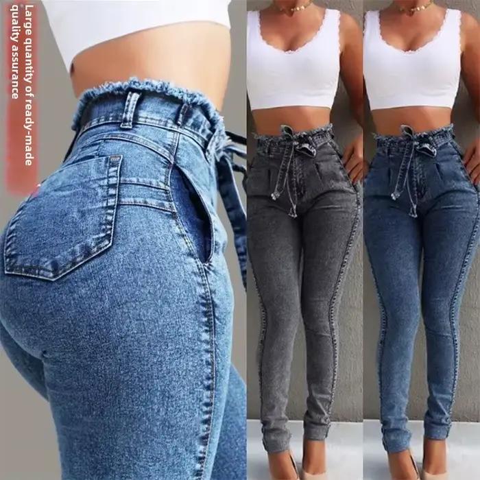 Jean taille haute slim pour femme avec ceinture élastique et franges – Idéal pour eBay et Wish – Affine votre silhouette