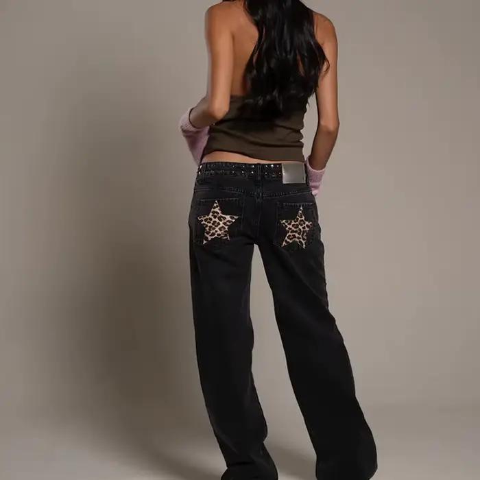 Léopard étoile jean Y2K femmes nouvelle mode taille haute fermeture éclair