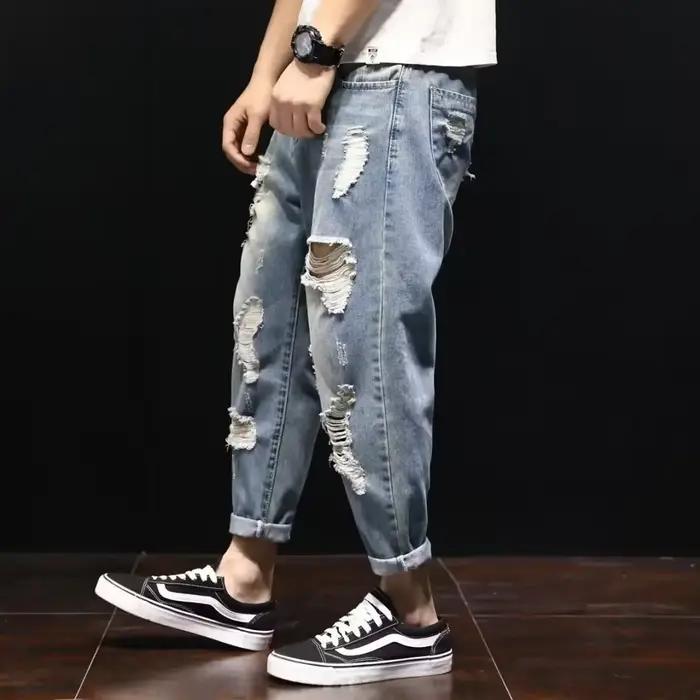 Jean en denim fin à trous pour homme