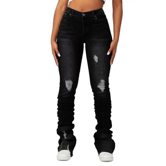 Pantalon Droit en Denim Délavé pour Femme