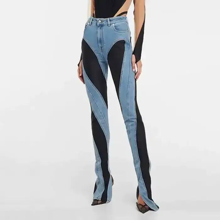 DEAT 2026 Nouvelle Collection Automne – Jean Femme Patchwork Contraste de Couleurs, Taille Haute Extensible, Fendu, Long – 1DF2575