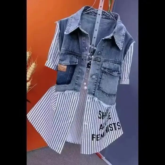 Veste en jean rayée pour femme, style décontracté, coupe moderne, patchwork unique, printemps/été 2024, col rabattu, polyester résistant