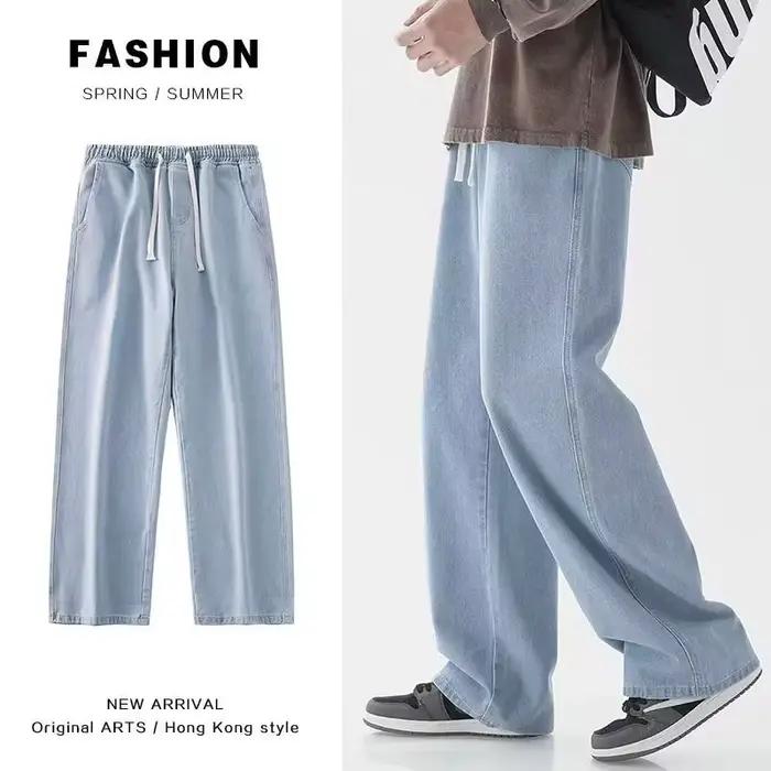 Jean Long Décontracté Coréen Coupe Droite Classique en Denim Jambes Larges Couleurs Unies Hommes Occasions Voyage Style Hip Hop