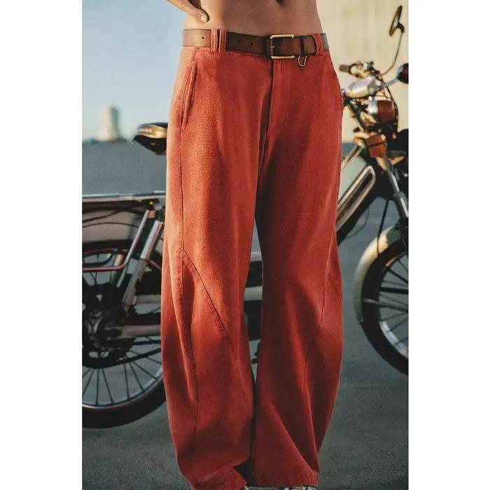 Pantalon large décontracté taille haute en coton lavé coupe baril pour femme