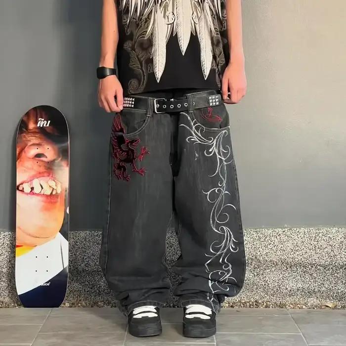 Jean Baggy à Jambes Larges pour Homme, Pantalon en Denim Brodé, Style Hip Hop Vintage, Y2K, Harajuku