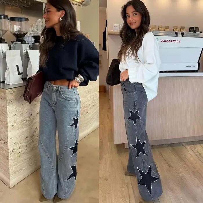 Nouveau Jean Droit Femme 2026 Tendance Décontracté Bleu Clair Orné d'une Étoile à Cinq Branches