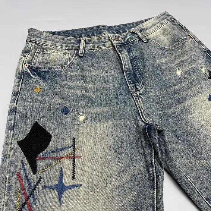 Jean brodé patché vieux lambeaux pour hommes