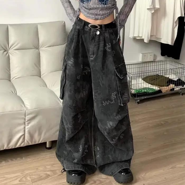 Jean ample droit à jambes larges délavé style rétro camouflage pour femme 2026