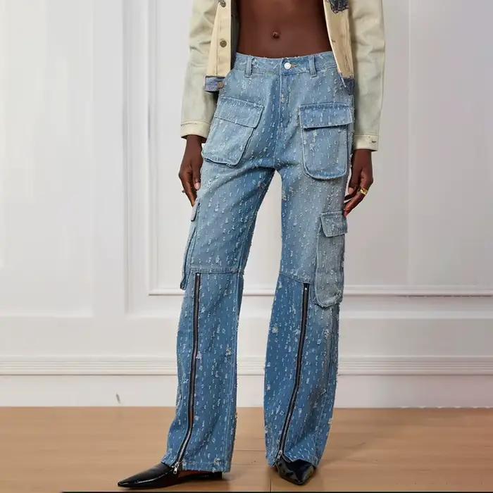 Jean droit déchiré style rétro américain pour femme