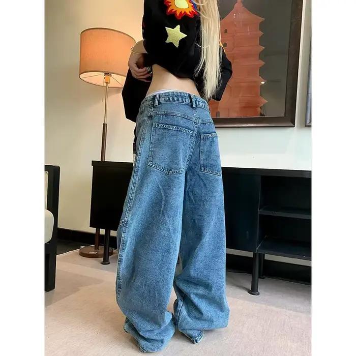 Jean baggy brodé bleu Y2K pour femme