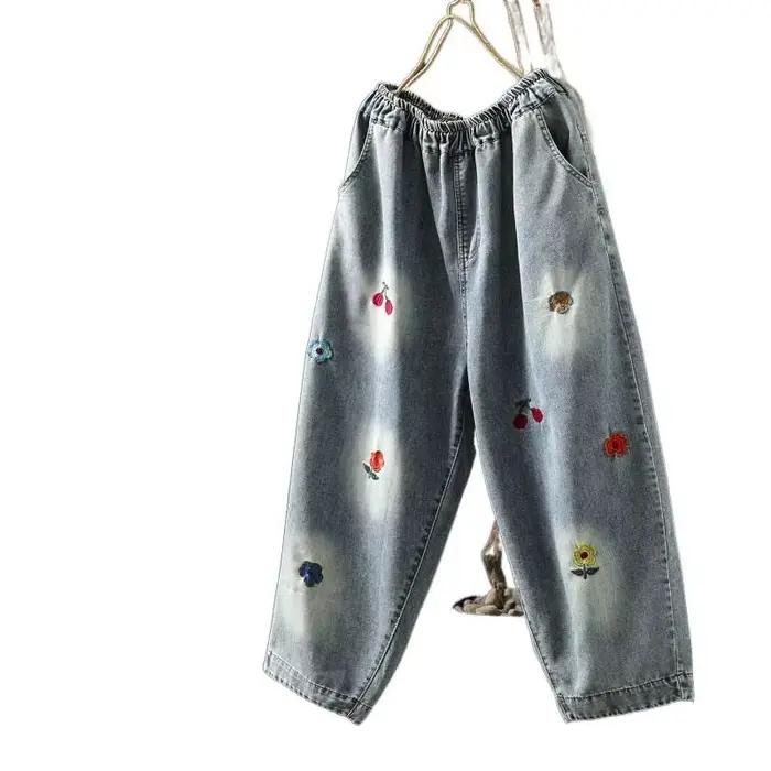 Jean Harem en Denim Style Fille Mori Broderie Florale Cartoon Coupe Droite Décontractée Occasions Printemps Automne