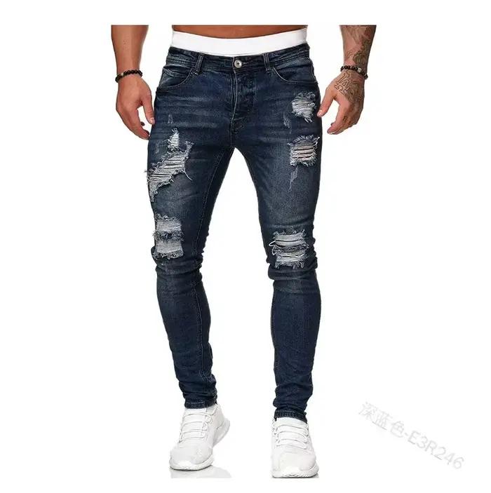 Pantalon en denim homme style punk vintage trou déchiré longueur cheville ajustement mince coupe cintrée